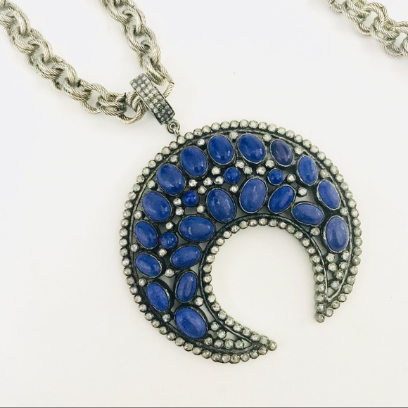 Large Lapis Diamond crescent Pendant Necklace